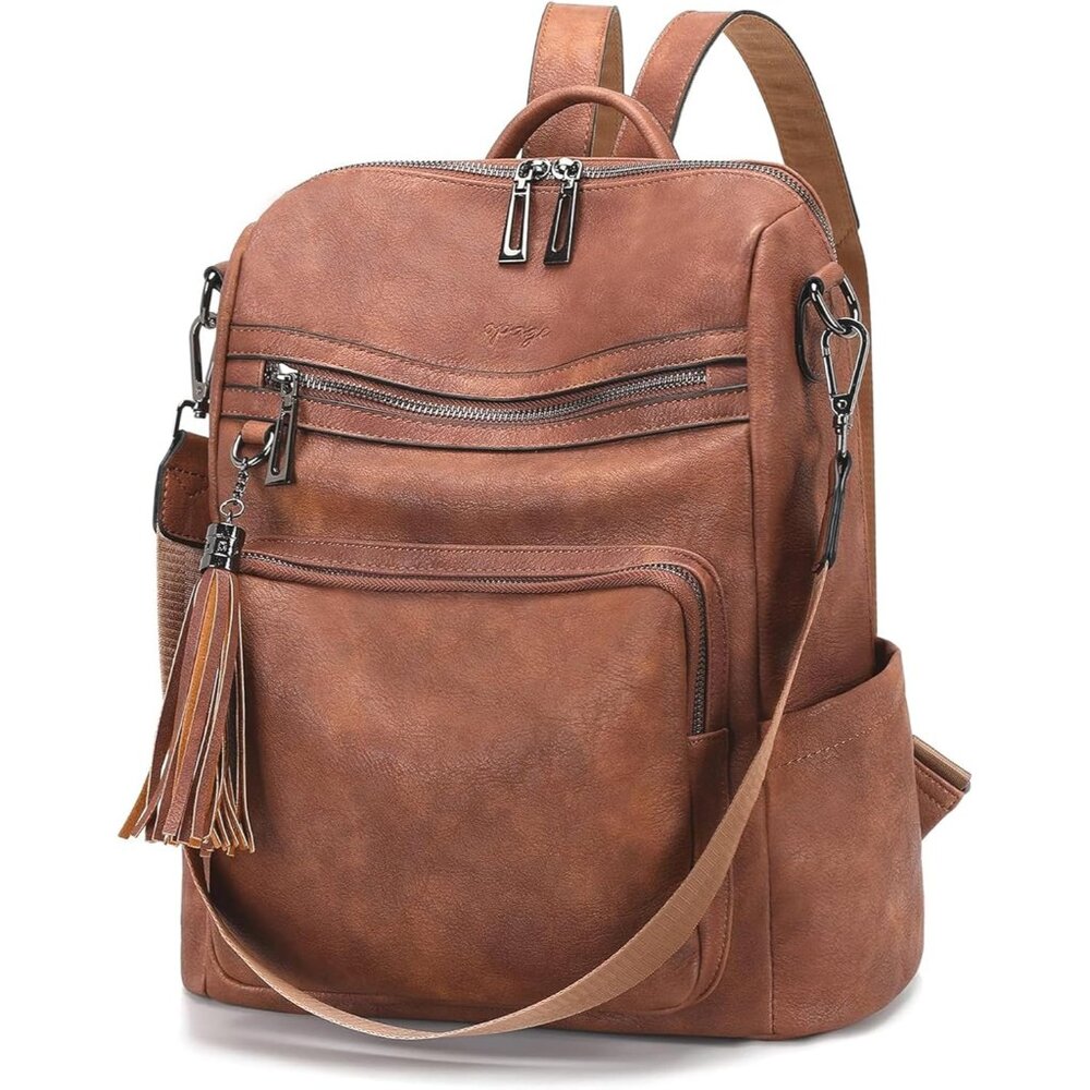 Versatile Designer Brown Backpack Purse With Tass… - image 1